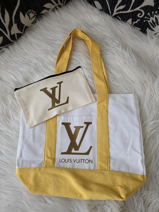 Handbags - White and Yellow Canvas Tote with Pouch